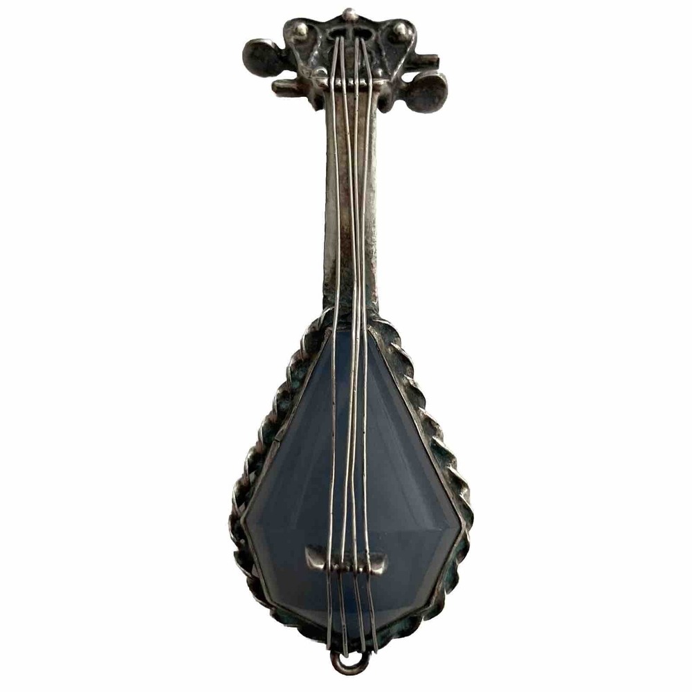 Vtg Sterling Silver 2" Guitar Brooch Pin Blue Stone Ukulele Banjo Mandolin 8.59g